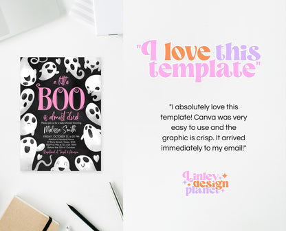 Editable Halloween Baby Shower Invitation, Girl Pink Halloween Baby Shower Invitation Template, Ghosts Little Boo Baby Shower Invite, HBSC04