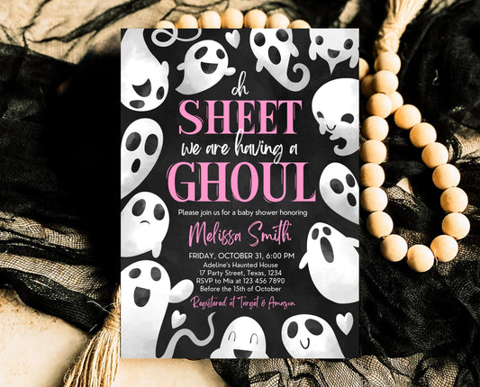 Editable Oh Sheet It's a Ghoul Baby Shower Invitation, Pink Girl Halloween Baby Shower Invitation Template, Ghost Baby Shower Invite, HBSC04