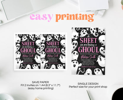 Editable Oh Sheet It's a Ghoul Baby Shower Invitation, Pink Girl Halloween Baby Shower Invitation Template, Ghost Baby Shower Invite, HBSC04