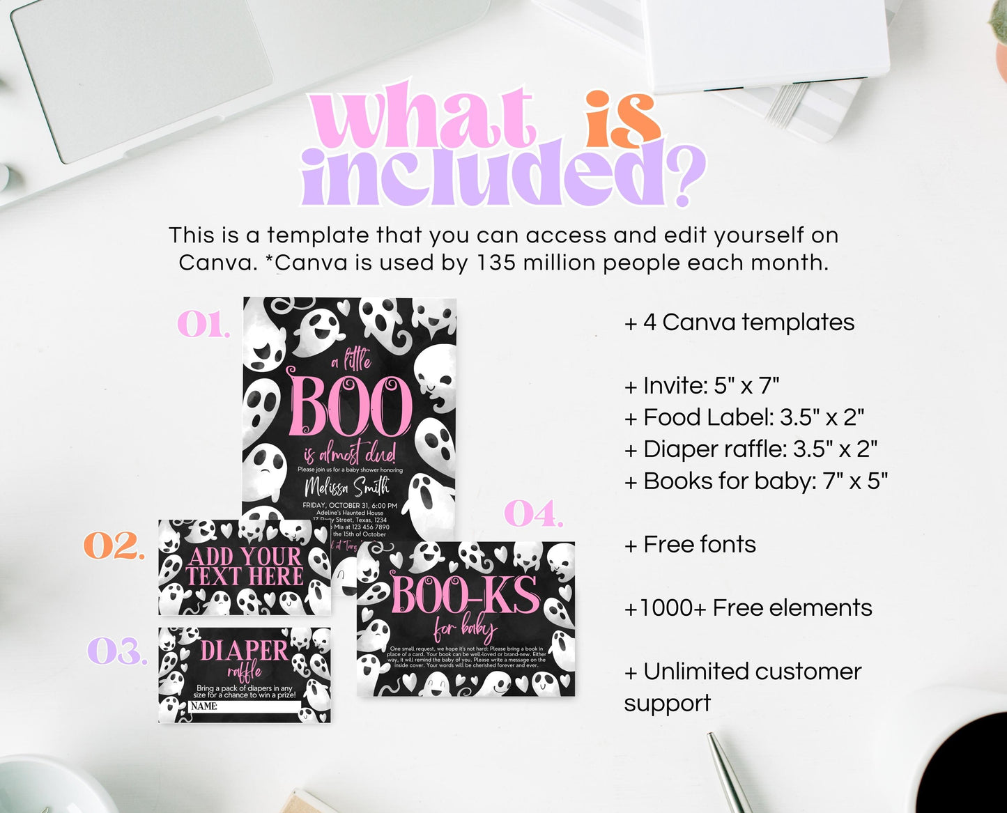 Editable Halloween Baby Shower Invitation Bundle, Pink Girl Halloween Baby Shower Invitation Set, Ghost Little Boo Baby Shower Pack, HBSC04