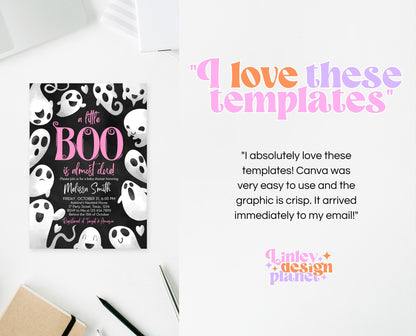 Editable Halloween Baby Shower Invitation Bundle, Pink Girl Halloween Baby Shower Invitation Set, Ghost Little Boo Baby Shower Pack, HBSC04