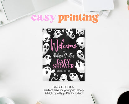 Editable Halloween Baby Shower Welcome Sign, Pink Girl Halloween Baby Shower Welcome Poster, Ghosts Little Boo Baby Shower Sign, HBSC04