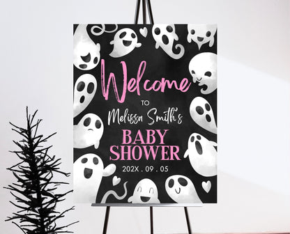 Editable Halloween Baby Shower Welcome Sign, Pink Girl Halloween Baby Shower Welcome Poster, Ghosts Little Boo Baby Shower Sign, HBSC04
