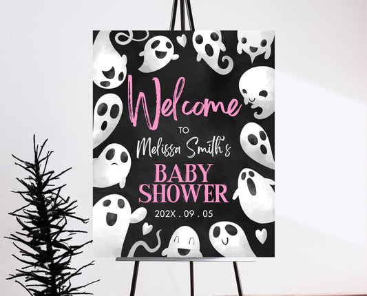 Editable Halloween Baby Shower Welcome Sign, Pink Girl Halloween Baby Shower Welcome Poster, Ghosts Little Boo Baby Shower Sign, HBSC04