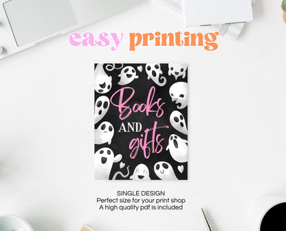 Books And Gifts Sign Halloween Baby Shower, Halloween Baby Shower Sign, Printable Halloween Sign, Pink Girl Halloween Baby Shower, HBSC04