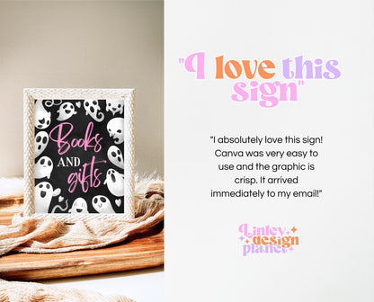 Books And Gifts Sign Halloween Baby Shower, Halloween Baby Shower Sign, Printable Halloween Sign, Pink Girl Halloween Baby Shower, HBSC04