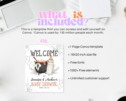 Editable A Baby is Brewing Halloween Baby Shower Welcome Sign, Gender Neutral Halloween Baby Shower Sign Template, Witch Baby Shower, HBSC01
