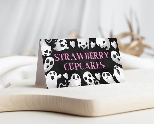 Editable Halloween Baby Shower Food Label, Pink Girl Halloween Baby Shower Tent Cards, A Little Boo Is Almost Due Baby Shower, HBSC04