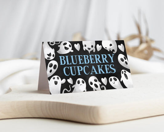Editable Halloween Baby Shower Food Label, Boy Blue Halloween Baby Shower Tent Cards, A Little Boo Is Almost Due Baby Shower, HBSC03