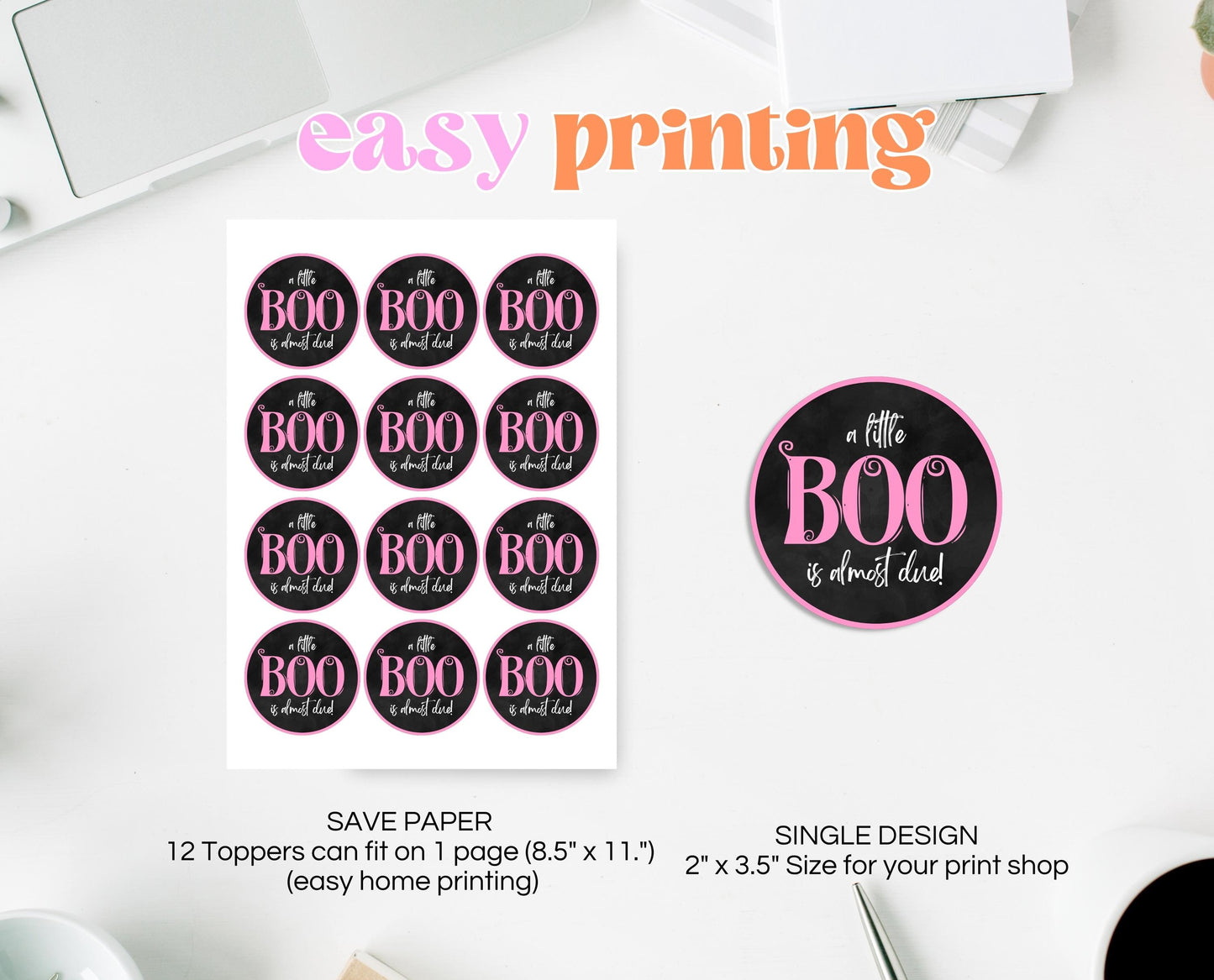 Editable Halloween Baby Shower Cupcake Toppers, Pink Girl Halloween Baby Shower Cake Toppers, A Little Boo Is Almost Due Baby Shower, HBSC04