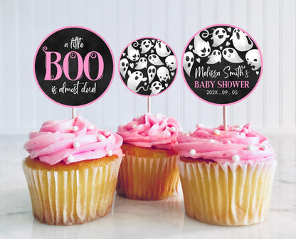 Editable Halloween Baby Shower Cupcake Toppers, Pink Girl Halloween Baby Shower Cake Toppers, A Little Boo Is Almost Due Baby Shower, HBSC04