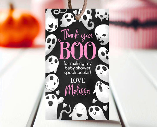 Editable Halloween Baby Shower Favor Tag, Pink Girl Halloween Baby Shower Thank You Tag, A Little Boo Is Almost Due Baby Shower, HBSC04