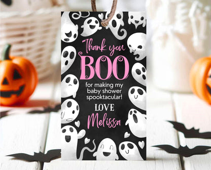 Editable Halloween Baby Shower Favor Tag, Pink Girl Halloween Baby Shower Thank You Tag, A Little Boo Is Almost Due Baby Shower, HBSC04