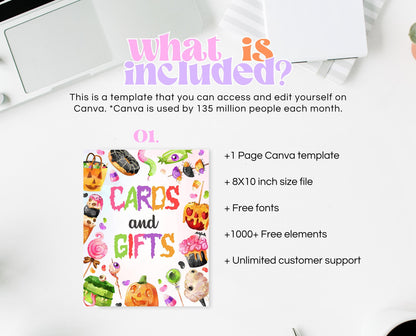 Cards And Gifts Sign Halloween Candy Birthday, Halloween Treats Sign, Spooky Party Sign, Sweets And Candy Halloween Decor, Printable, CHBP01