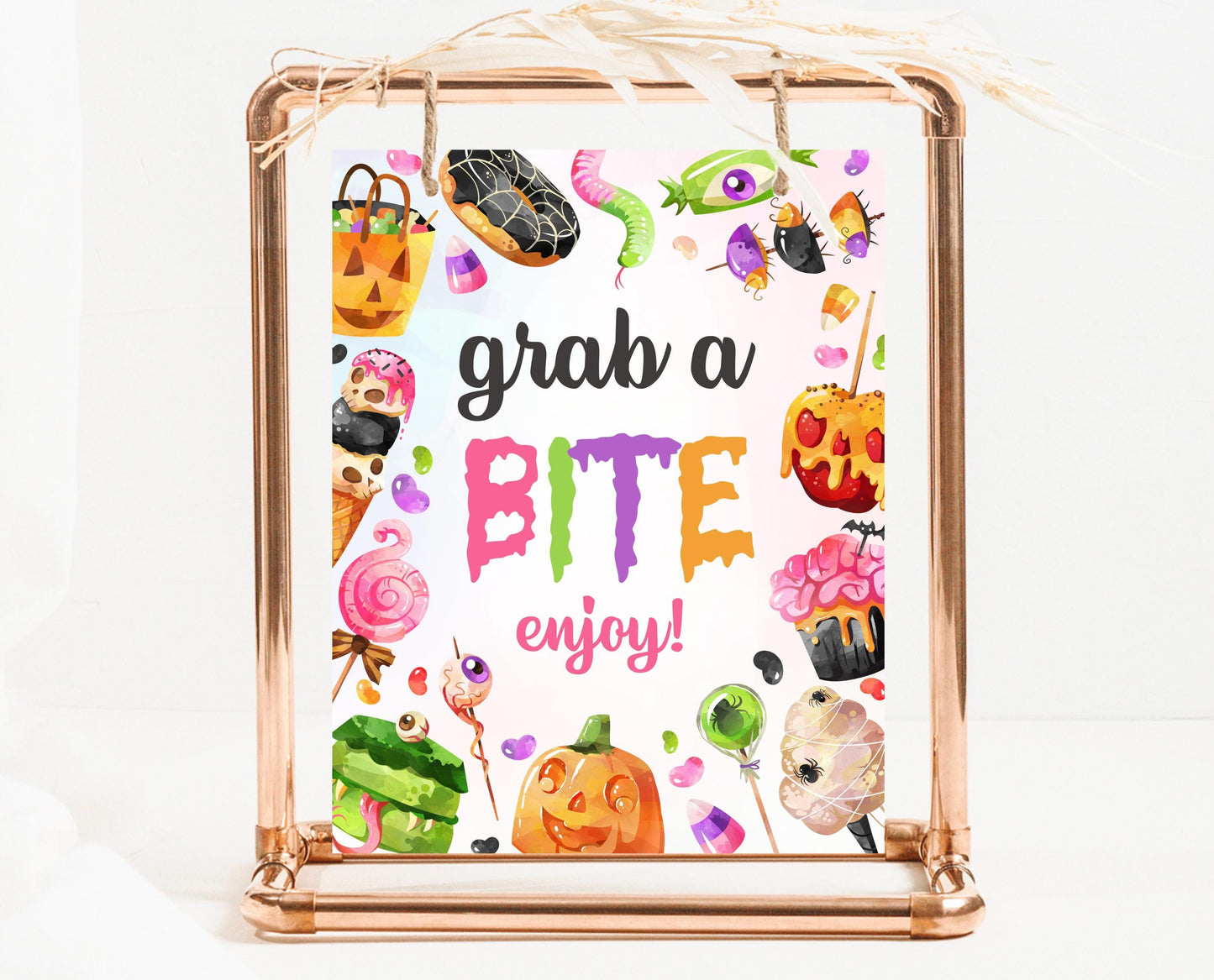 Grab A Bite Sign Halloween Candy Birthday, Halloween Birthday Food Sign, Halloween Sweets, Pink Candy Halloween Decor, Printable, CHBP01
