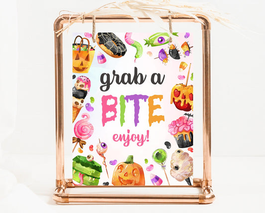 Grab A Bite Sign Halloween Candy Birthday, Halloween Birthday Food Sign, Halloween Sweets, Pink Candy Halloween Decor, Printable, CHBP01