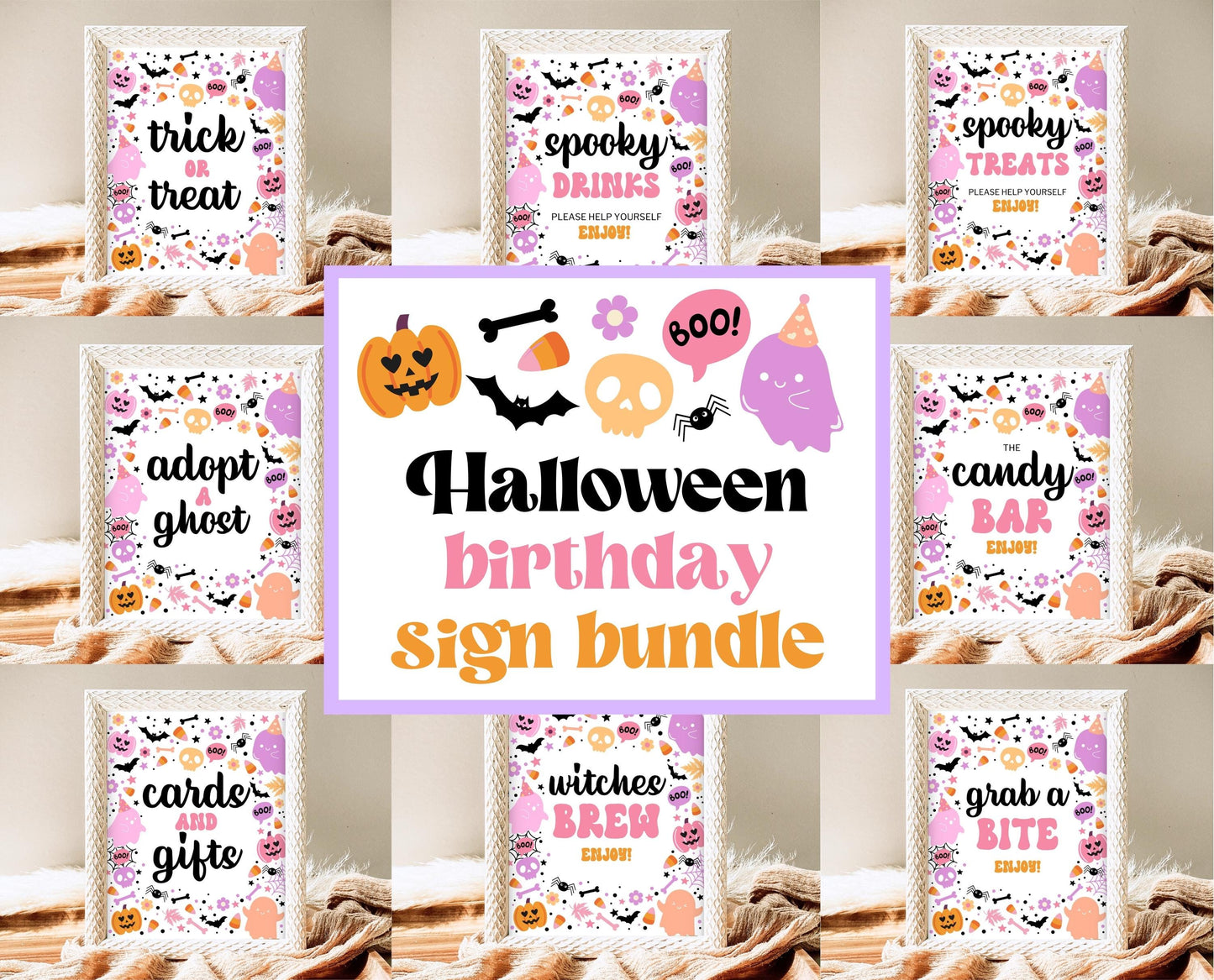 Editable Spooky Birthday Sign Bundle, Halloween Birthday Sign Seet, Spooky Party Sign, Pink And Purple, Template, Printable, PHBP01