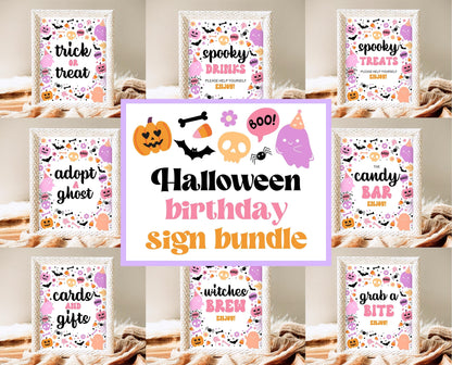 Editable Spooky Birthday Sign Bundle, Halloween Birthday Sign Seet, Spooky Party Sign, Pink And Purple, Template, Printable, PHBP01