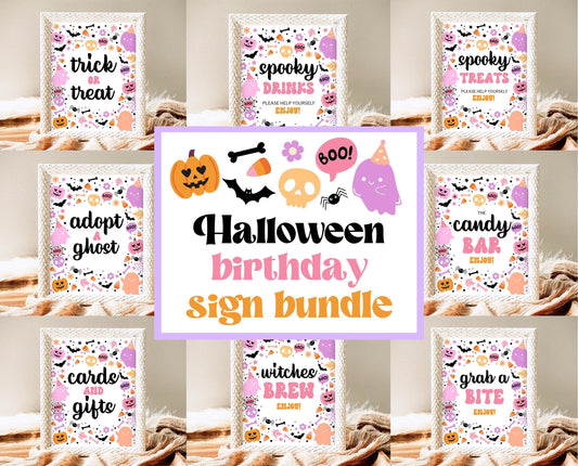 Editable Spooky Birthday Sign Bundle, Halloween Birthday Sign Seet, Spooky Party Sign, Pink And Purple, Template, Printable, PHBP01