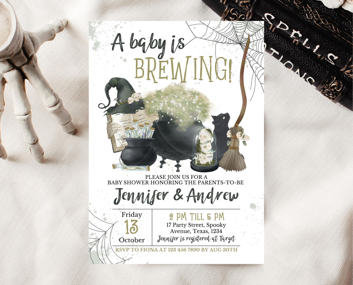 Editable A Baby is Brewing Halloween Baby Shower Invitation, Cauldron Halloween Baby Shower Invitation Template, Witch Baby Shower, HBSC05