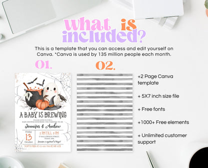 Editable A Baby is Brewing Halloween Invitation, Gender Neutral Halloween Baby Shower Invitation Template, Witch Baby Shower Invite, HBSC01