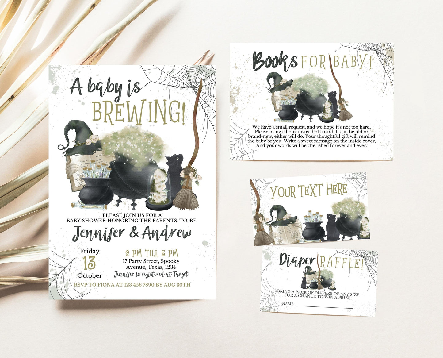 Editable A Baby is Brewing Halloween Baby Shower Invitation Bundle, Boy Halloween Baby Shower Invitation, Green Witch Baby Shower, HBSC05