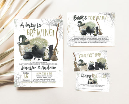 Editable A Baby is Brewing Halloween Baby Shower Invitation Bundle, Boy Halloween Baby Shower Invitation, Green Witch Baby Shower, HBSC05