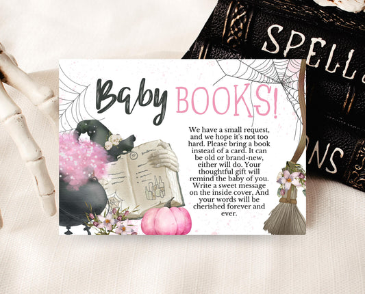 Editable Pink Witch Baby Books Request Card Template, Pink Witch Baby Shower Baby Books, A Baby Girl Is Brewing Book Request Card, HBSC06