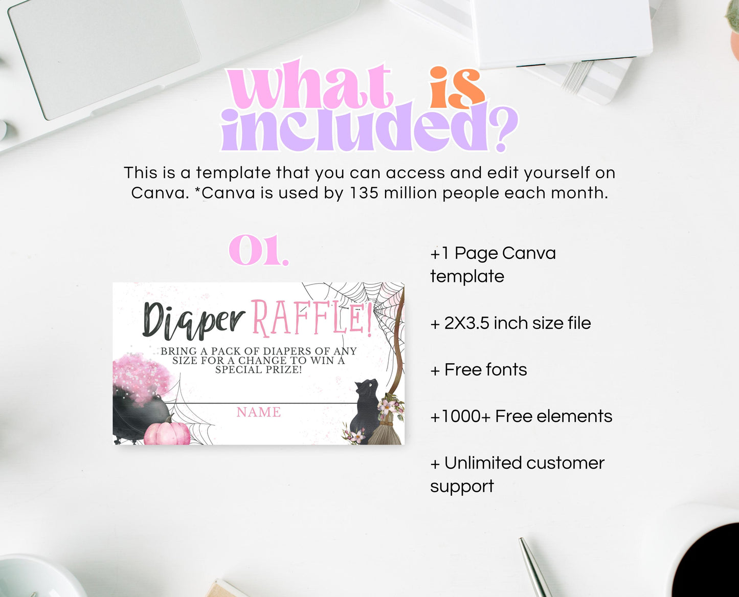 Editable Pink Witch Baby Shower Diaper Raffle Ticket, Pink Girl Witch Baby Shower Game, A Baby Is Brewing Diaper Raffle Game, HBSC06