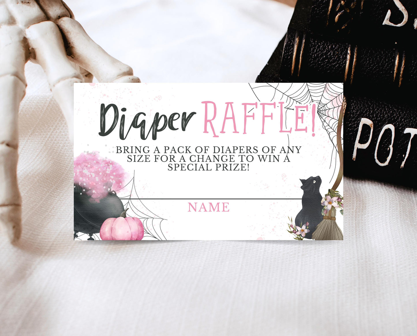 Editable Pink Witch Baby Shower Diaper Raffle Ticket, Pink Girl Witch Baby Shower Game, A Baby Is Brewing Diaper Raffle Game, HBSC06