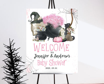 Editable Pink Witch Baby Shower Welcome Sign Template, Pink Witch Baby Shower Sign, A Baby Girl Is Brewing Decorations, Welcome Sign, HBSC06