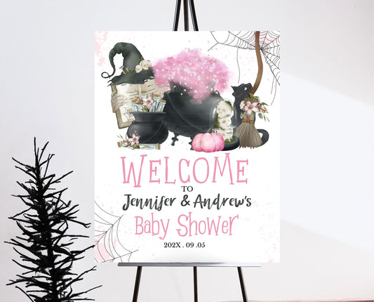 Editable Pink Witch Baby Shower Welcome Sign Template, Pink Witch Baby Shower Sign, A Baby Girl Is Brewing Decorations, Welcome Sign, HBSC06