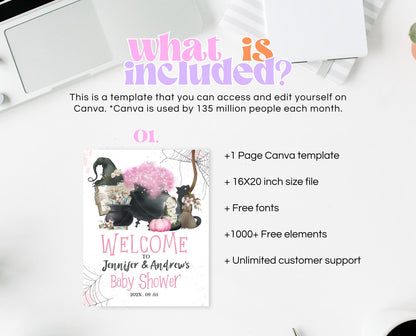 Editable Pink Witch Baby Shower Welcome Sign Template, Pink Witch Baby Shower Sign, A Baby Girl Is Brewing Decorations, Welcome Sign, HBSC06
