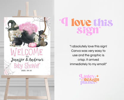 Editable Pink Witch Baby Shower Welcome Sign Template, Pink Witch Baby Shower Sign, A Baby Girl Is Brewing Decorations, Welcome Sign, HBSC06