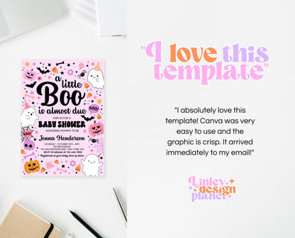 Editable Pink Halloween Baby Shower Invitation, A Little Boo Is Almost Due Baby Shower Invitation, Halloween Baby Shower Template, HBSC07
