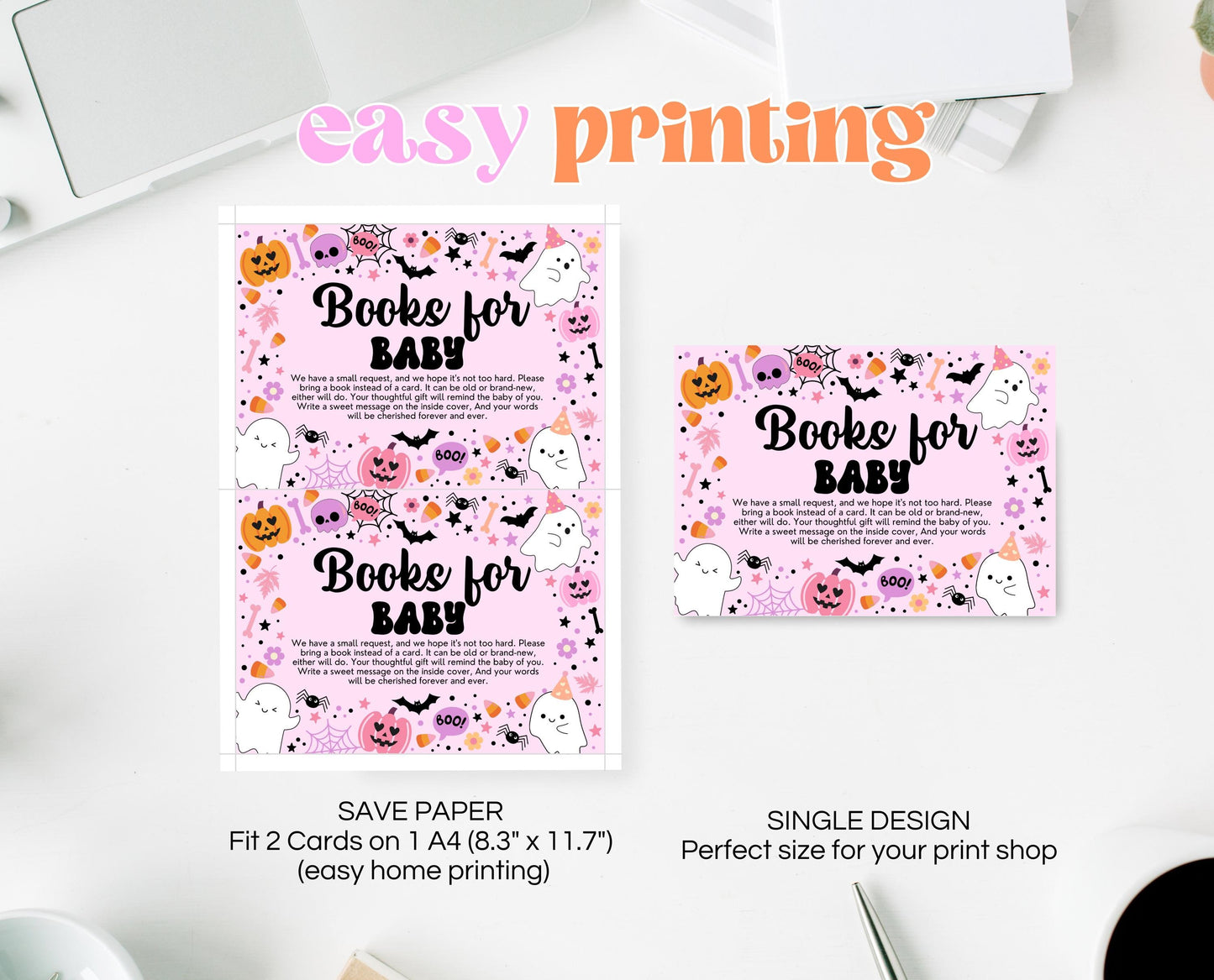 Editable A Little Boo Is Almost Due Book Insert Card Template, Pink Halloween Baby Shower Baby Books, Girl Ghost Book Request Card, HBSC07