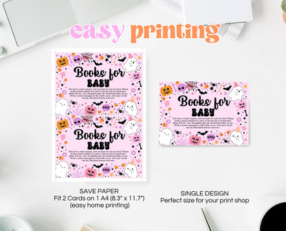 Editable A Little Boo Is Almost Due Book Insert Card Template, Pink Halloween Baby Shower Baby Books, Girl Ghost Book Request Card, HBSC07