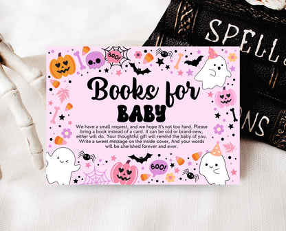 Editable A Little Boo Is Almost Due Book Insert Card Template, Pink Halloween Baby Shower Baby Books, Girl Ghost Book Request Card, HBSC07