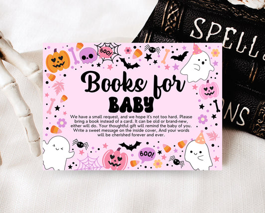 Editable A Little Boo Is Almost Due Book Insert Card Template, Pink Halloween Baby Shower Baby Books, Girl Ghost Book Request Card, HBSC07