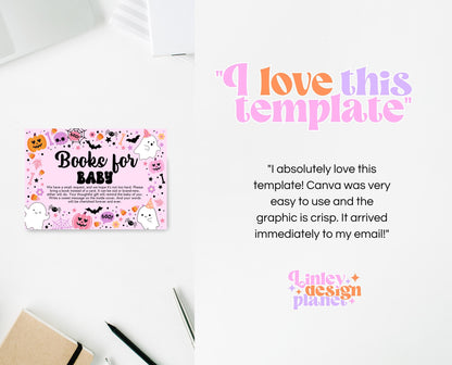 Editable A Little Boo Is Almost Due Book Insert Card Template, Pink Halloween Baby Shower Baby Books, Girl Ghost Book Request Card, HBSC07