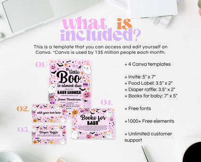 Editable A Little Boo Is Almost Due Halloween Baby Shower Invitation Bundle, Girl Halloween Baby Shower Invitation, Pink Baby Shower, HBSC07