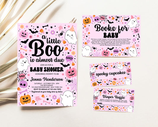 Editable A Little Boo Is Almost Due Halloween Baby Shower Invitation Bundle, Girl Halloween Baby Shower Invitation, Pink Baby Shower, HBSC07