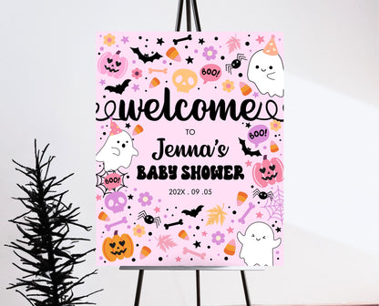 Editable Halloween Baby Shower Welcome Sign, Pink Girl Halloween Baby Shower Welcome Poster, A Little Boo Is Almost Due Welcome Sign, HBSC07