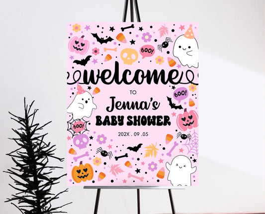 Editable Halloween Baby Shower Welcome Sign, Pink Girl Halloween Baby Shower Welcome Poster, A Little Boo Is Almost Due Welcome Sign, HBSC07