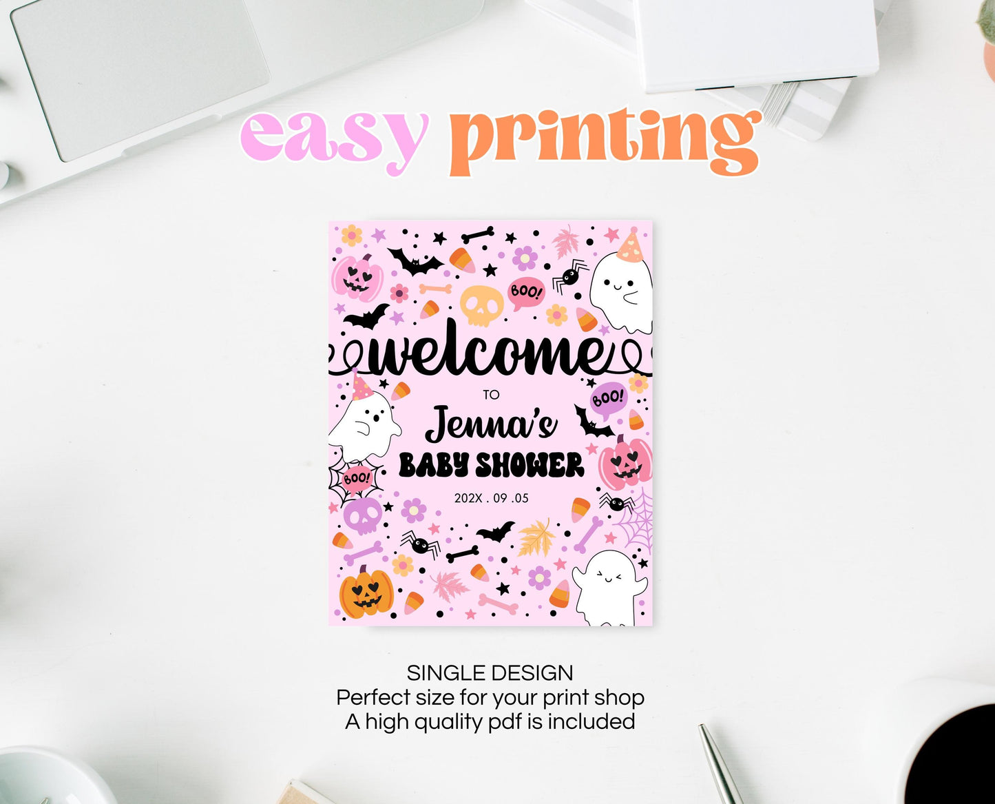 Editable Halloween Baby Shower Welcome Sign, Pink Girl Halloween Baby Shower Welcome Poster, A Little Boo Is Almost Due Welcome Sign, HBSC07