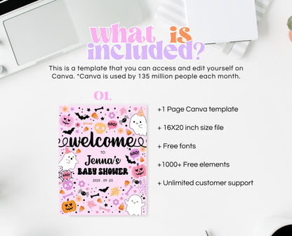 Editable Halloween Baby Shower Welcome Sign, Pink Girl Halloween Baby Shower Welcome Poster, A Little Boo Is Almost Due Welcome Sign, HBSC07