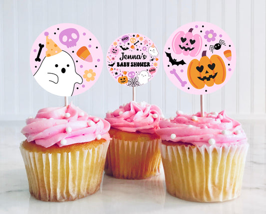 Editable A Little Boo Is Almost Due Baby Shower Cupcake Toppers, Pink Girl Baby Shower Cake Topper, Halloween Baby Shower Stickers, HBSC07