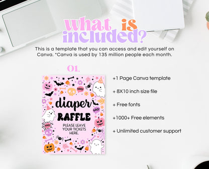 Diaper Raffle Sign Halloween Baby Shower, Baby Shower Game Sign, Printable Halloween Sign, A Little Boo Is Almost Due Baby Shower, HBSC07