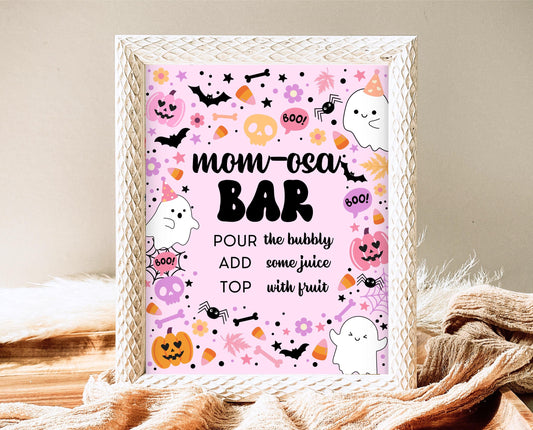 Mom-osa Sign Halloween Baby Shower, Girl Baby Shower Mimosa Sign, Printable Halloween Sign, A Little Boo Is Almost Due Baby Shower, HBSC07
