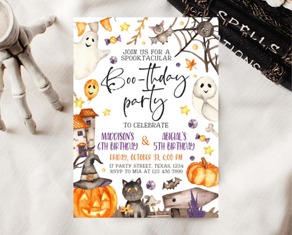 Editable Halloween Joint Birthday Invitation, Spooky Halloween Twin Birthday Party Invite, Halloween Brother And Sister Birthday Invitation